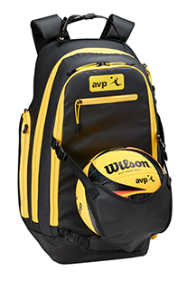 AVP Beach Volleyball Backpack black and yellow backpack with a volleyball in the front